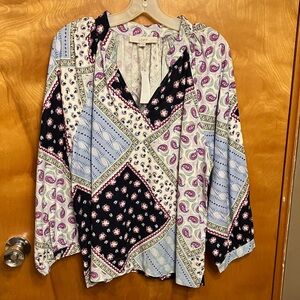 LOFT Patchwork Paisley V-Neck Blouse - Ivory, Navy, Blue, Purple. Size L.  NWT